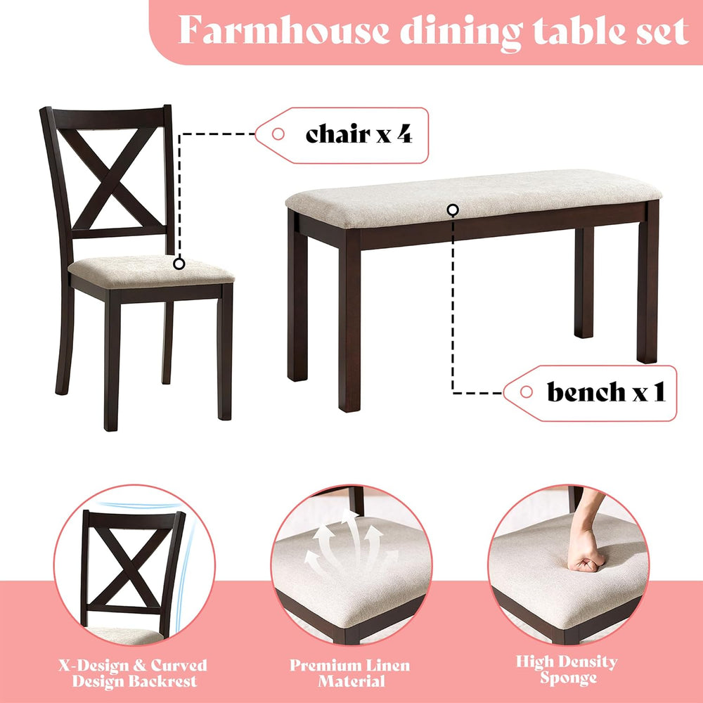 AMERLIFE 6-Piece Farmhouse Dining Table Set for 6-7, 60" Solid Wood Kitc...