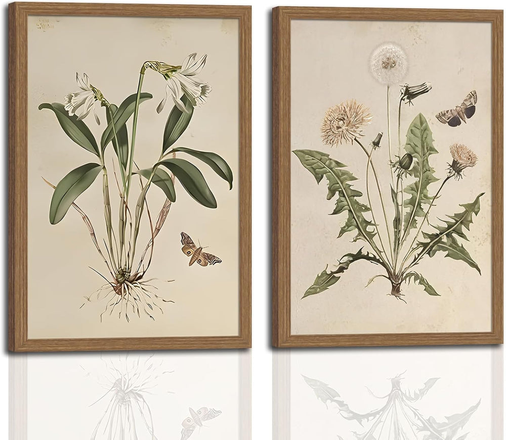 2pcs Framed Vintage Botanical Wall Art Canvas Prints Wildflower 12x16in