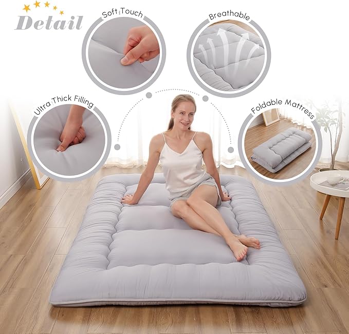 Japanese Floor Mattress, Futon Mattress with Storage Bag and Washable Cover, ...