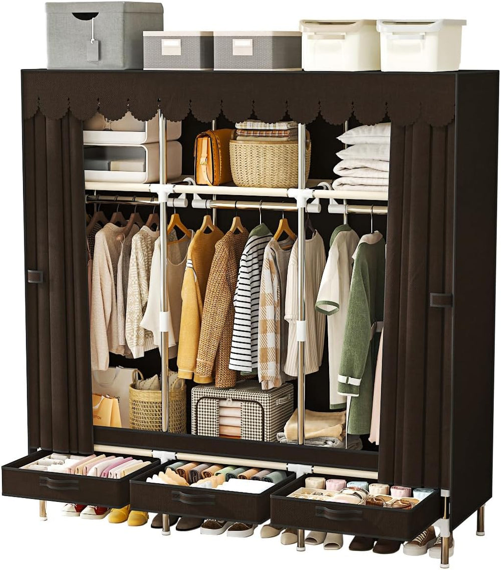 Portable Wardrobe 3 Rods 3 Drawers 3 Compartments Non-Woven Fabric Metal Fram...
