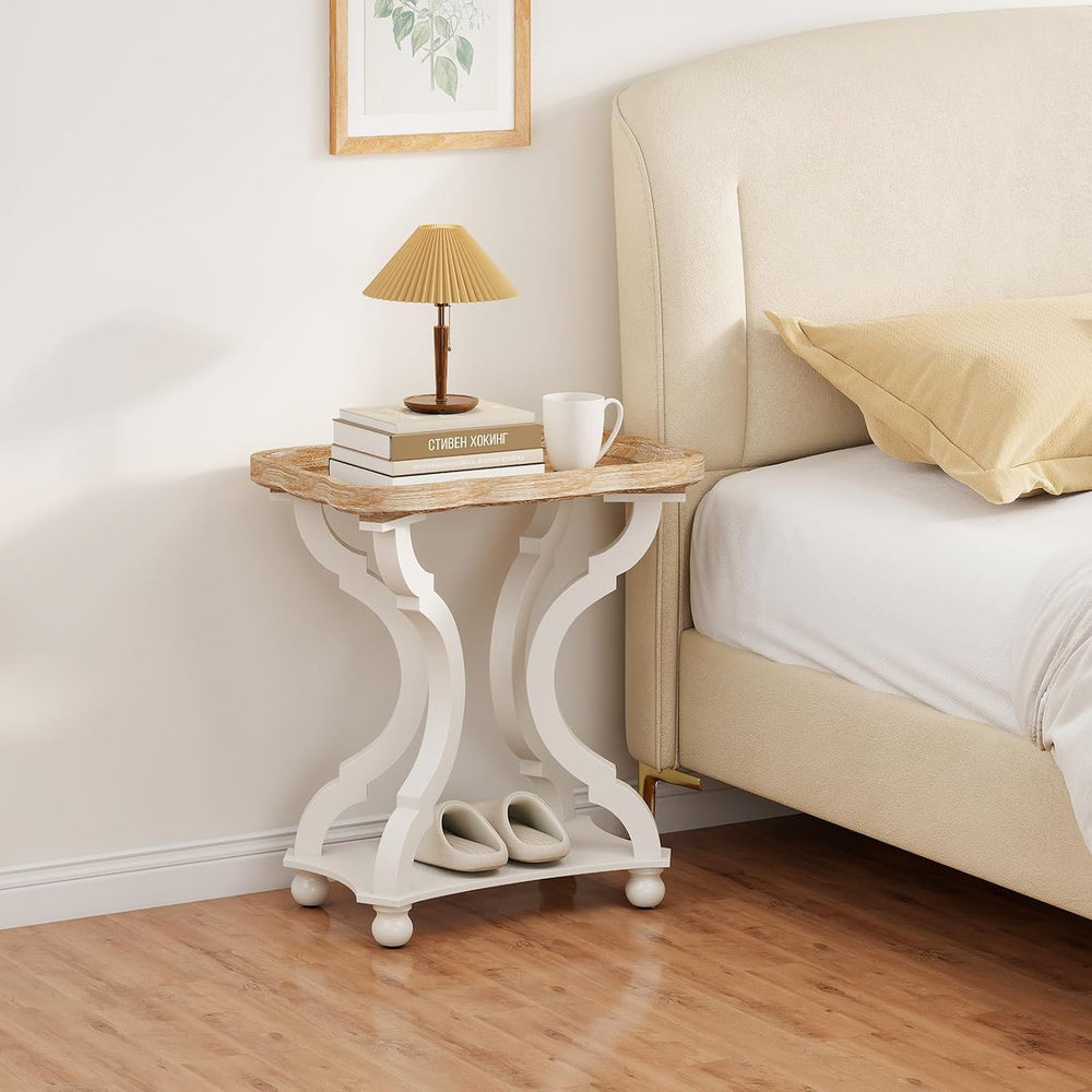 Farmhouse End Table, 24" H Rustic Side Table with Storage Shelf, French ...