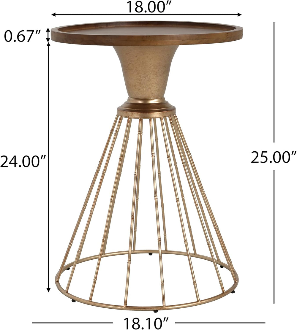 Vintage-Inspired Pine Side Table with Cut-Out Edge, Antique Gold & Natura...