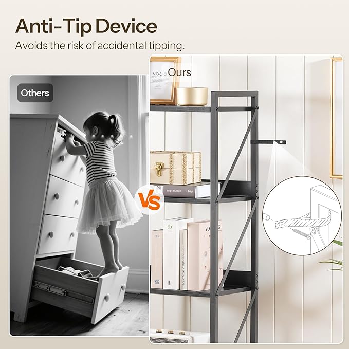 HOOBRO Bookshelf, 5-Tier Industrial Bookcase, Book Shelf Storage Organizer, T...
