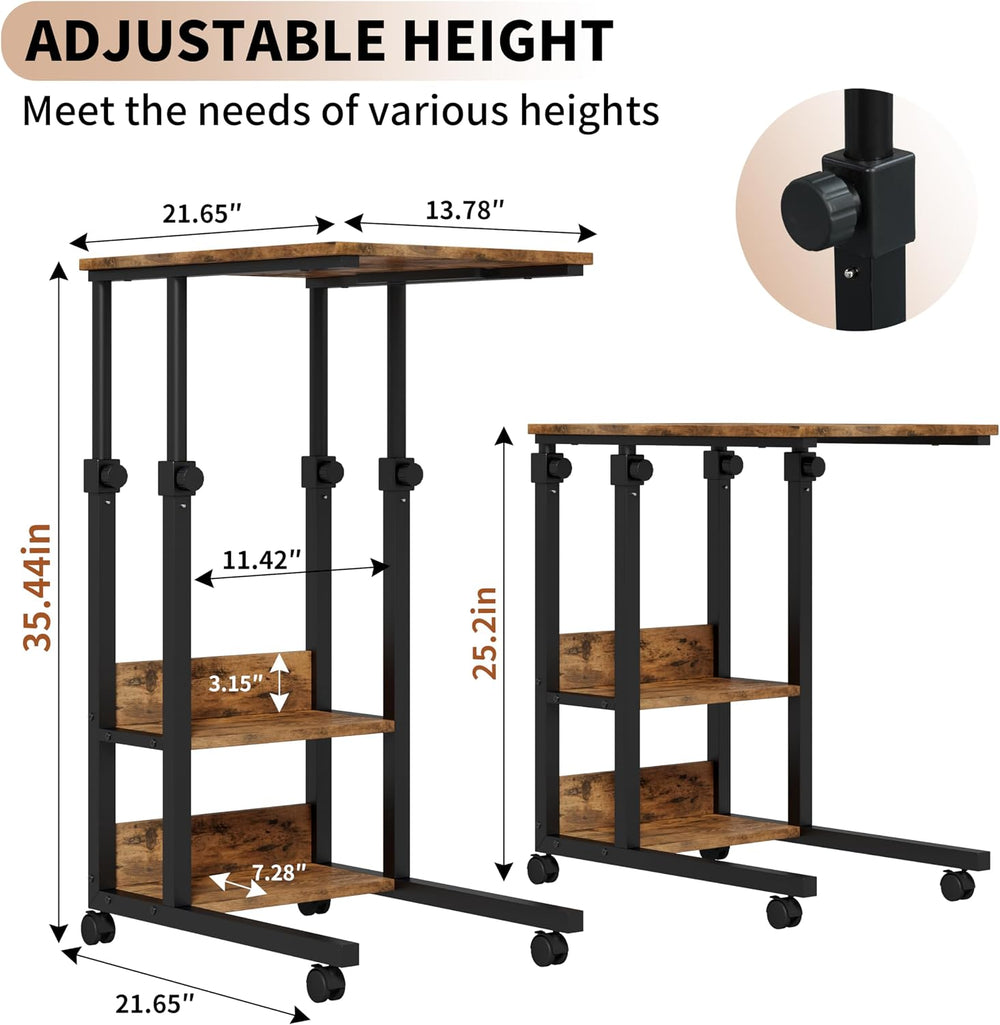 Gyfimoie C-Shaped End Table with Wheels, Side Table Adjustable Height, TV Tra...