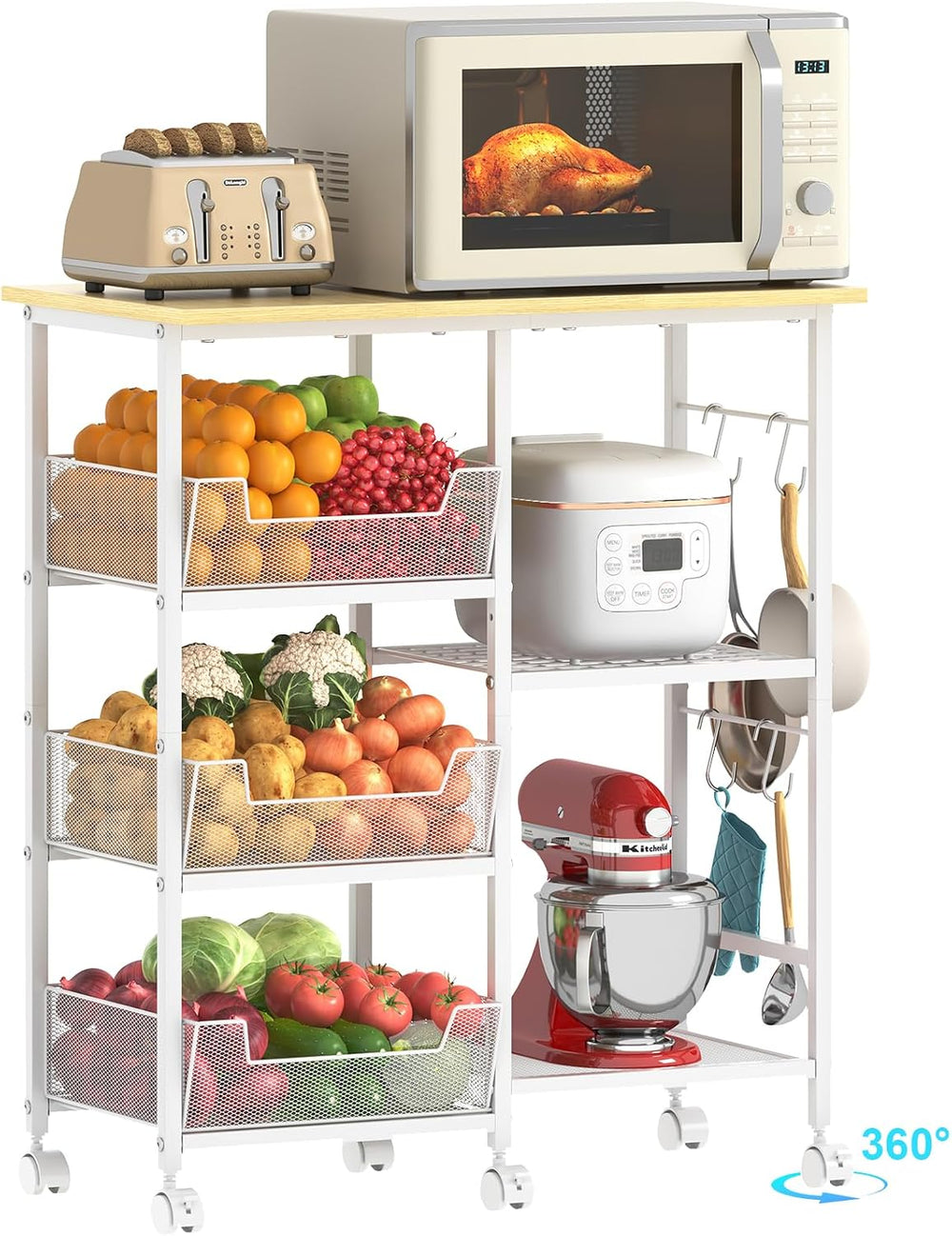 Rolling Kitchen Microwave Organizer Cart, Adjustable Shelves, White | Kitchen...