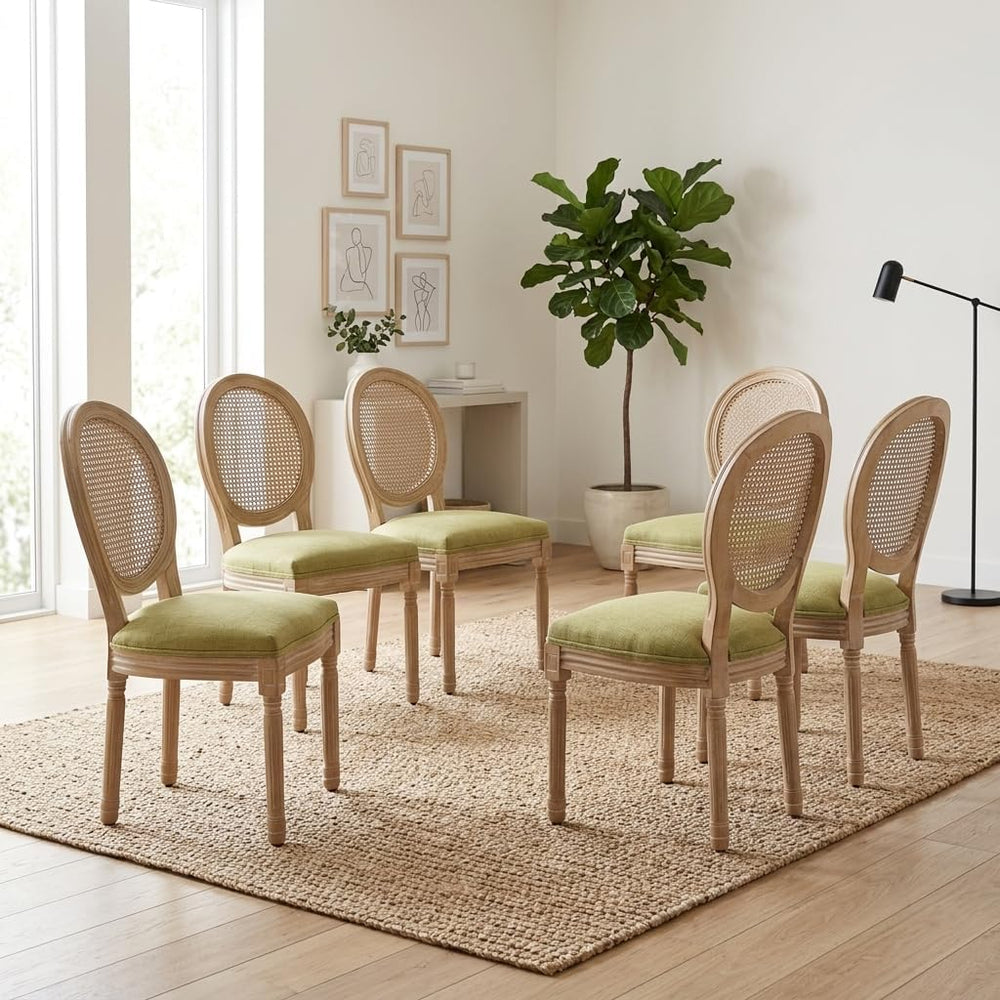 French Country Dining Chairs Set of 6, Olive Cane Back Rattan Dining Chairs w...