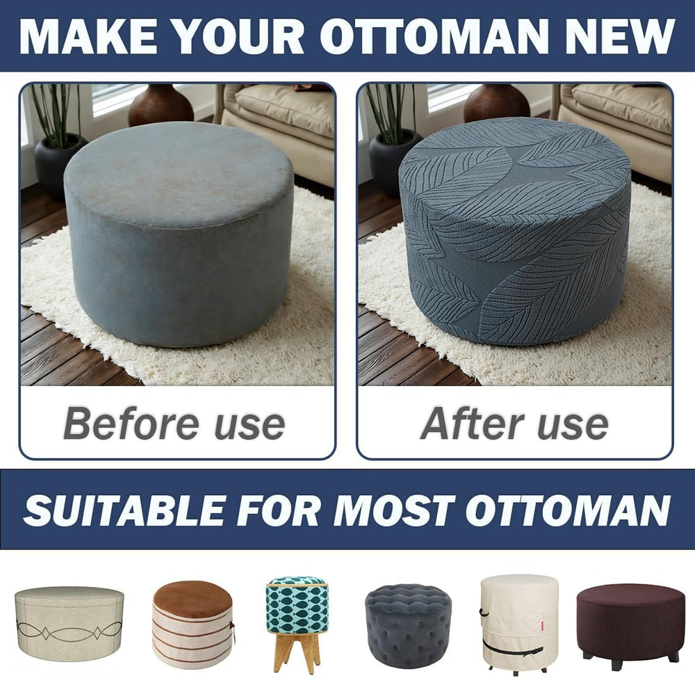 Round Ottoman Cover Stretch Round Ottoman Storage Slipcover Leaves Jacquard F...