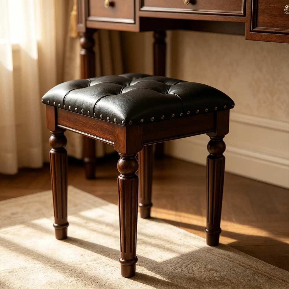 Black Faux Leather Vanity Stool, Backless, Victorian Style | Small Tufted Ben...