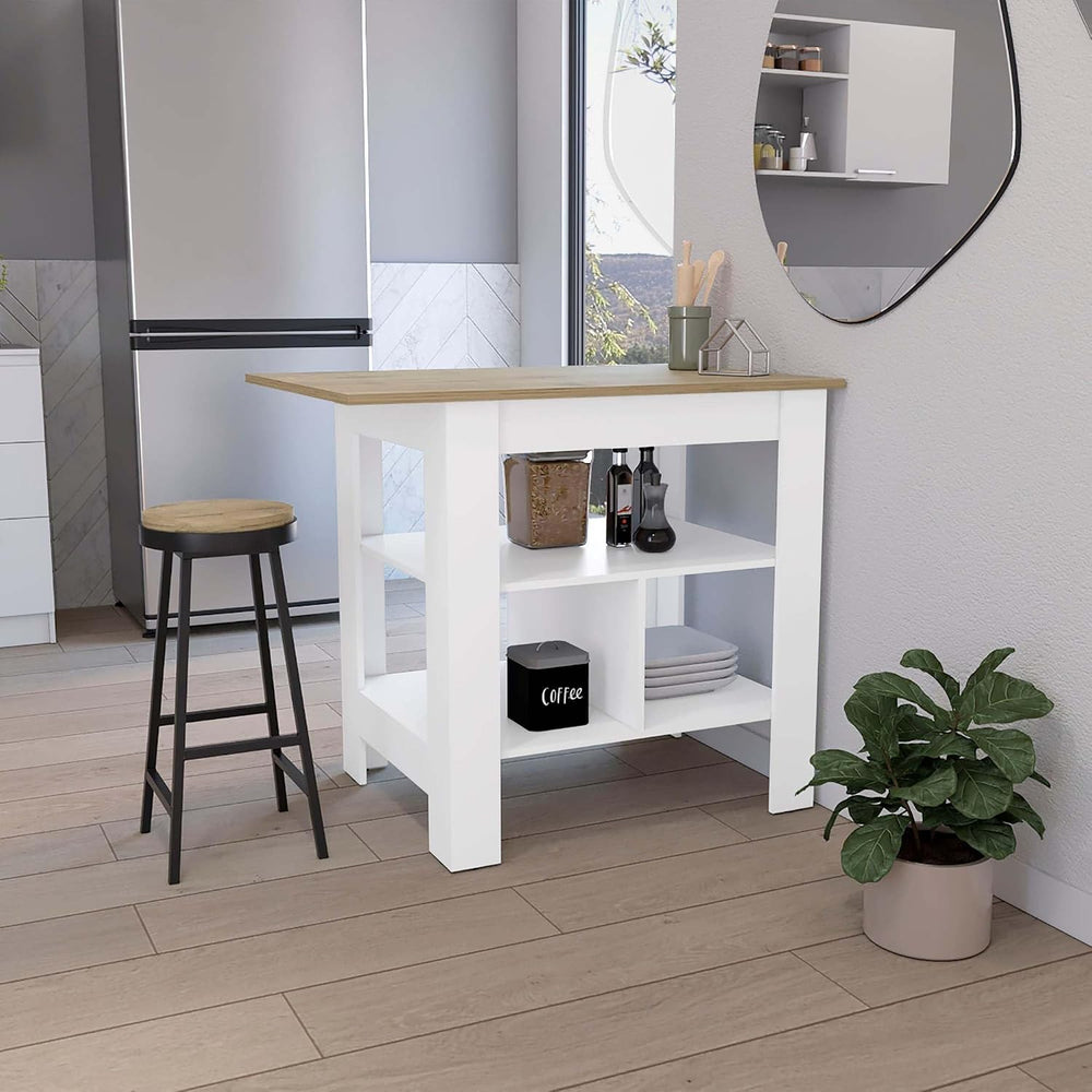 Kitchen Island, Kitchen Table 35" H, 3 Open Shelves, White/Macadamia | T...