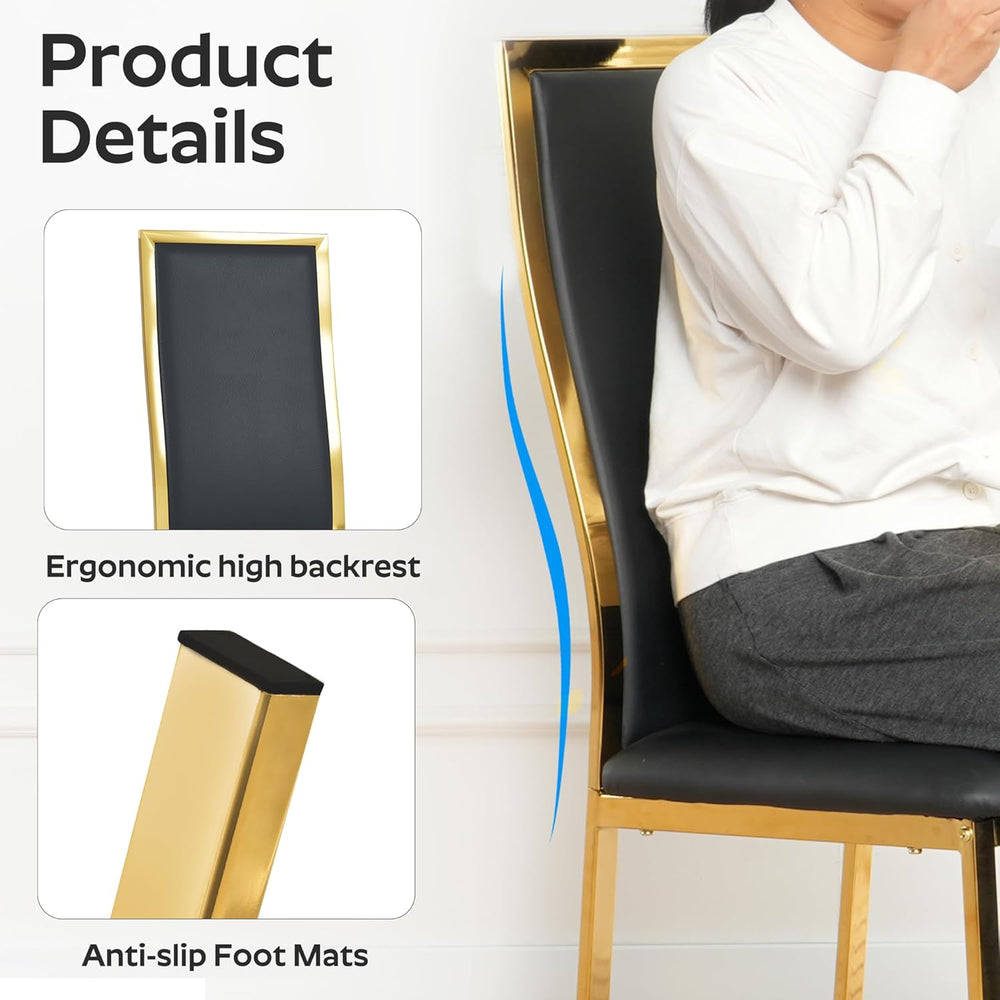 Modern Dining Chairs Set of 4, Black Faux Leather with Chrome Gold Metal Legs...
