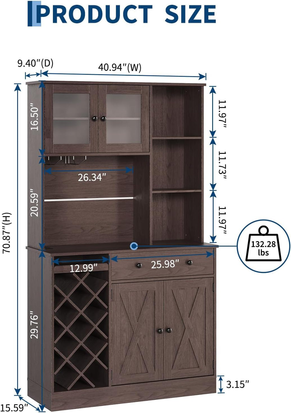 71-Inch Kitchen Hutch Cabinet with Storage, White & Light Walnut Top, Acr...