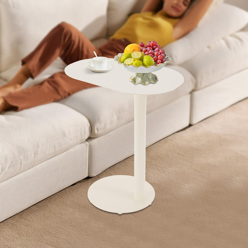 C-Shaped Side Table, Metal Coffee and Bedside Table, Small Cream White End Ta...