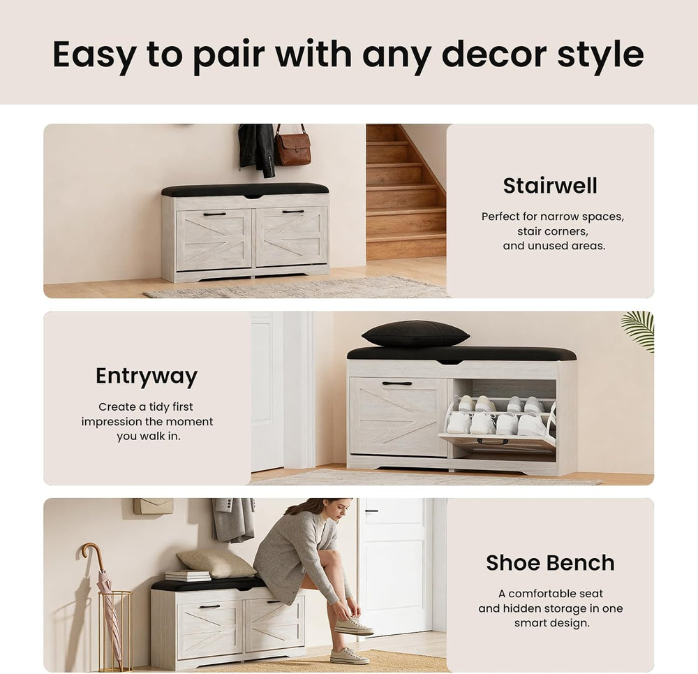 39" Shoe Storage Bench with Seat Cushion, Wood, Ash White | 8-Pair Shoe ...
