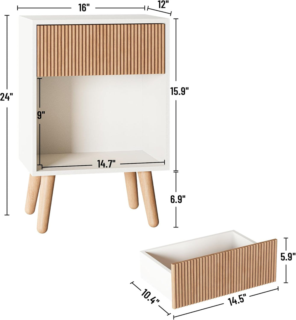 Fluted Nightstand, Modern Bedside Table with Storage Drawers and Open Wood Sh...