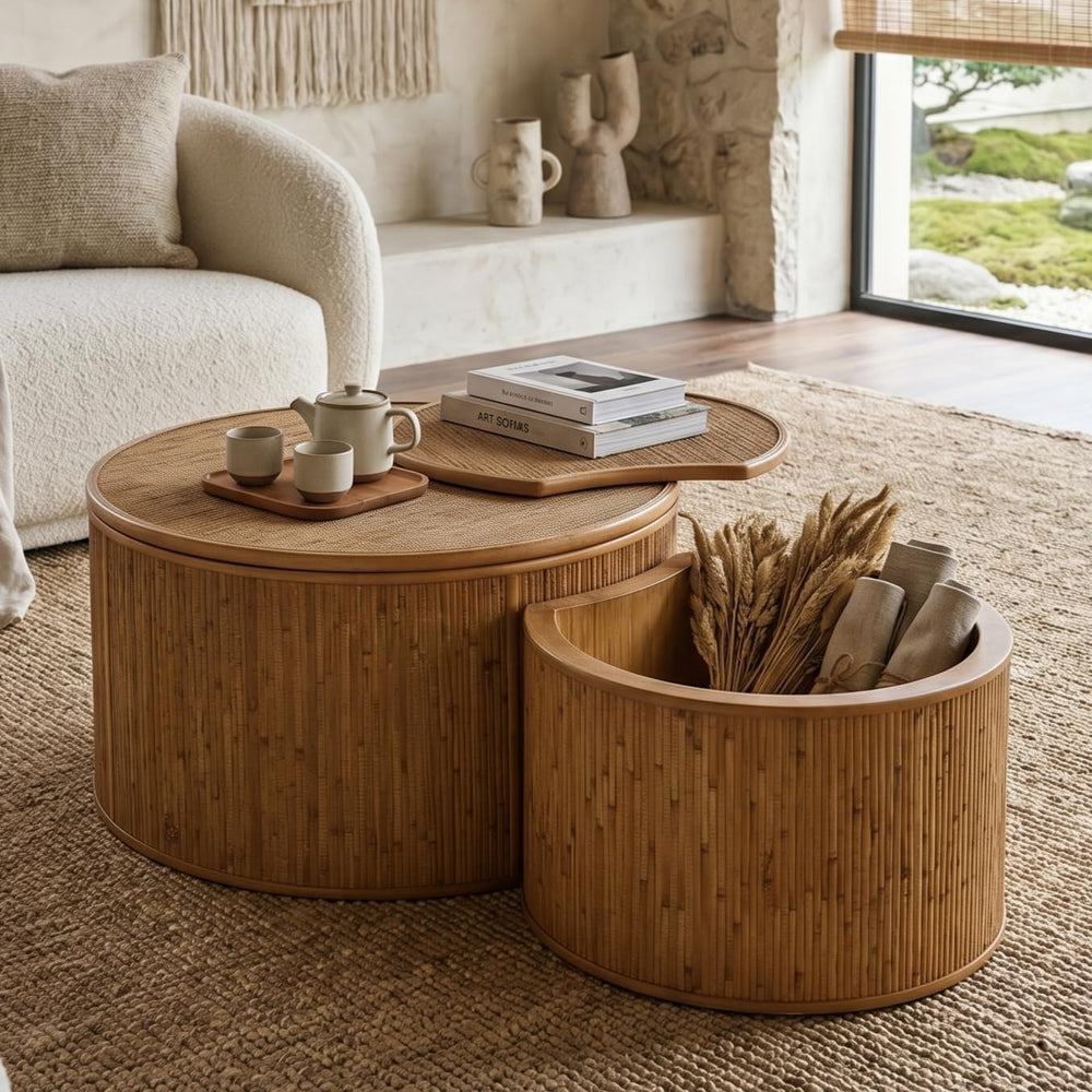 43.89'' Round Rattan Nesting Coffee Table with Flip-Top Storage Set o...