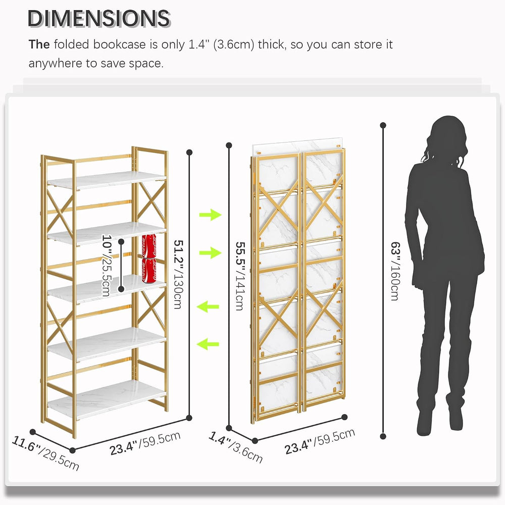 4NM 5 Tiers No Assembly Book Shelves, 51.2" H Folding Bookshelf Bookcase...