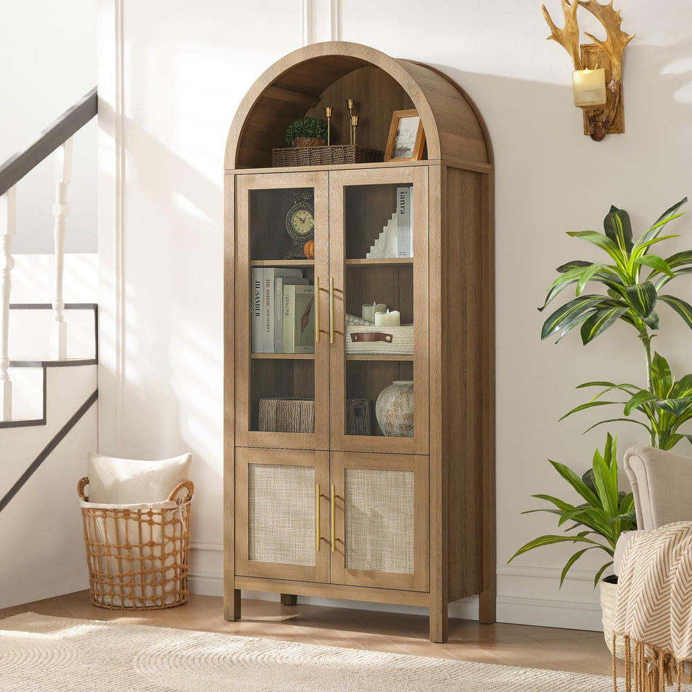 71" Tall Arched Display Cabinet with Glass Doors, 5-Tier Bookshelf