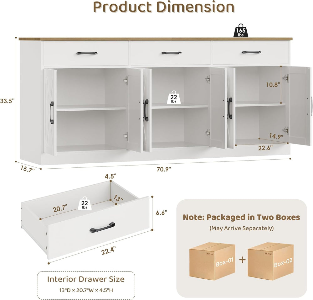 HOSTACK 71"W Farmhouse Kitchen Sideboard Buffet Cabinet with Storage, White