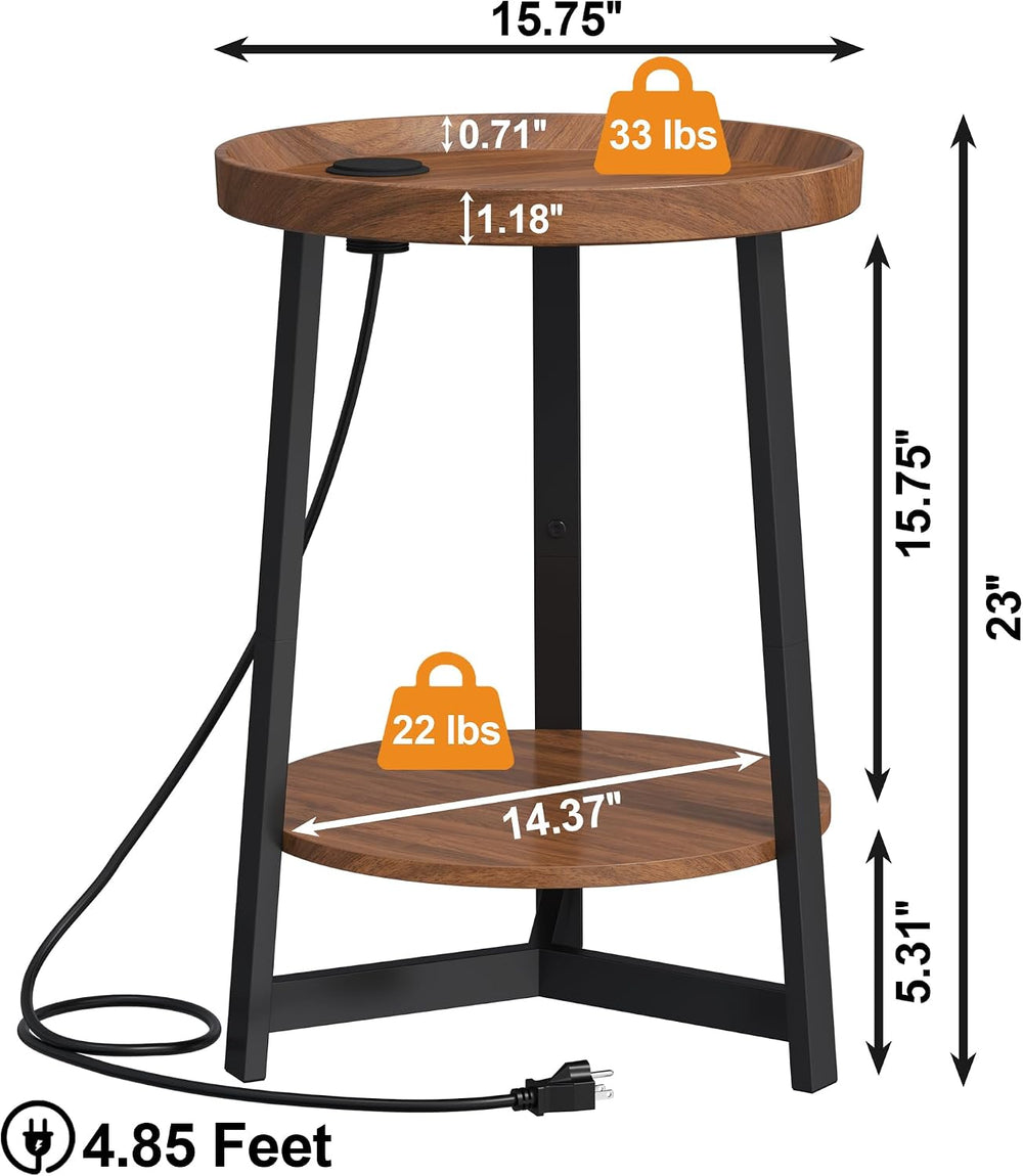 2-Tier Round End Table with Charging Station and Industrial Sofa Side Table,R...