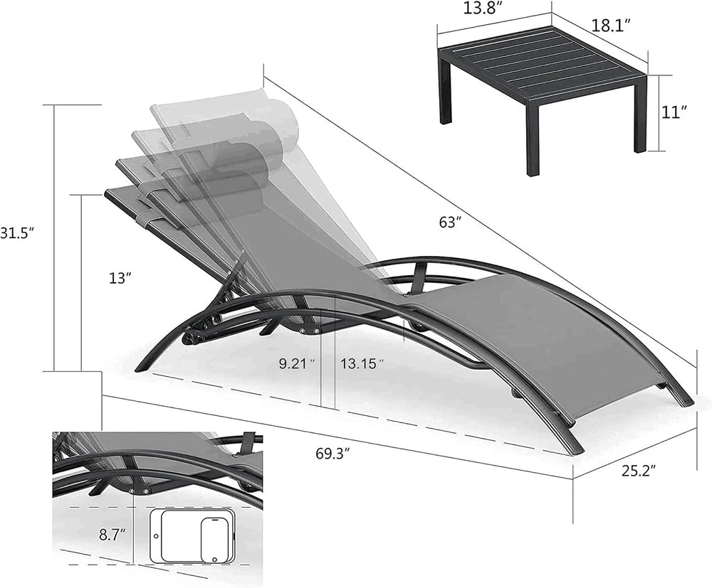 PURPLE LEAF Patio Pool Lounge Chaise Set of 3 Outdoor Lounger Chair, Grey | 2...