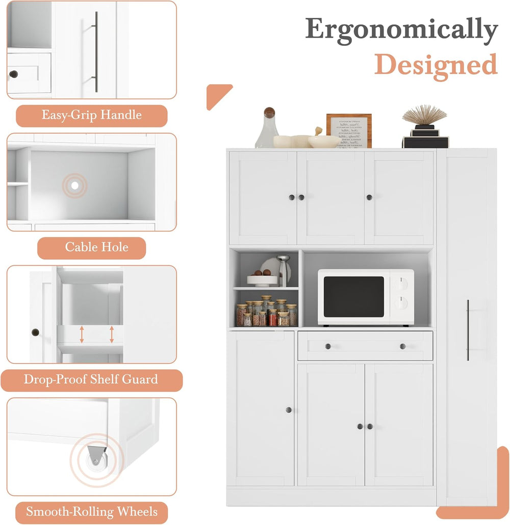 70 Inch Buffet with Hutch and Pull-Out Side Cabinet, White | White P2 MDF, ki...