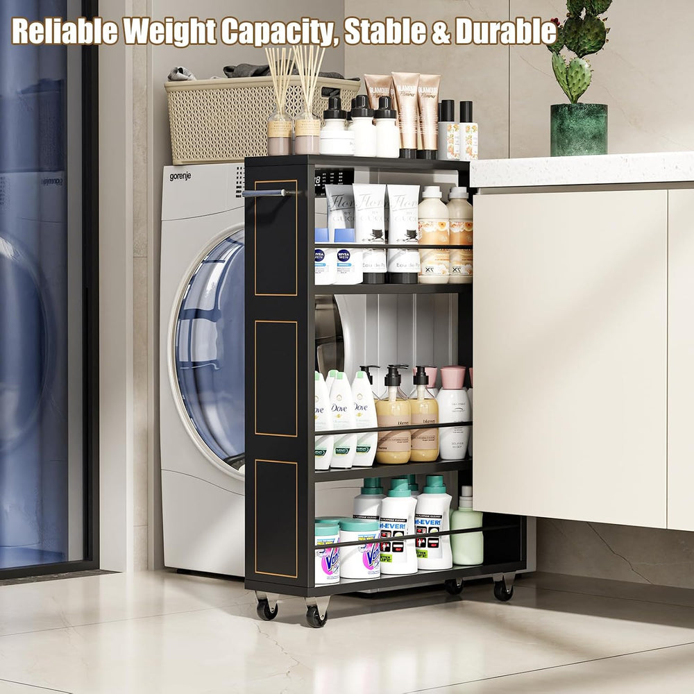 KLM 4 Tier Black Slim Storage Cart with Handle, Slide Out Storage Rolling Uti...
