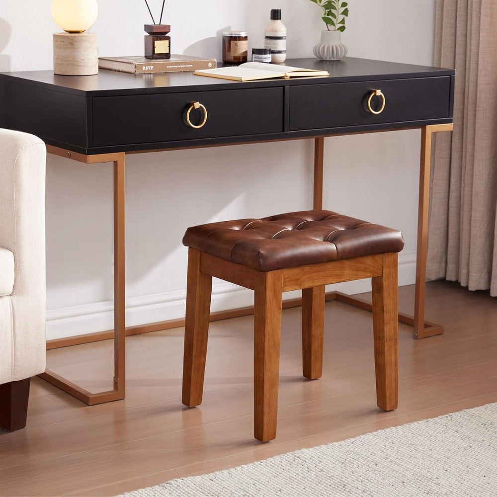 Ottoman Vanity Wooden Stool with Padded Seat, Faux Leather Brown | Square Woo...