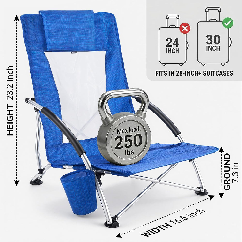 Huskfirm Low Beach Chairs 2 Pack, Lightweight Backpack Beach Chairs for Adult...