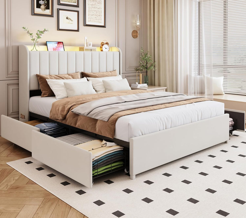 Full Bed Frame with 4 Drawers and Storage Headboard, Upholstered Platform Bed...