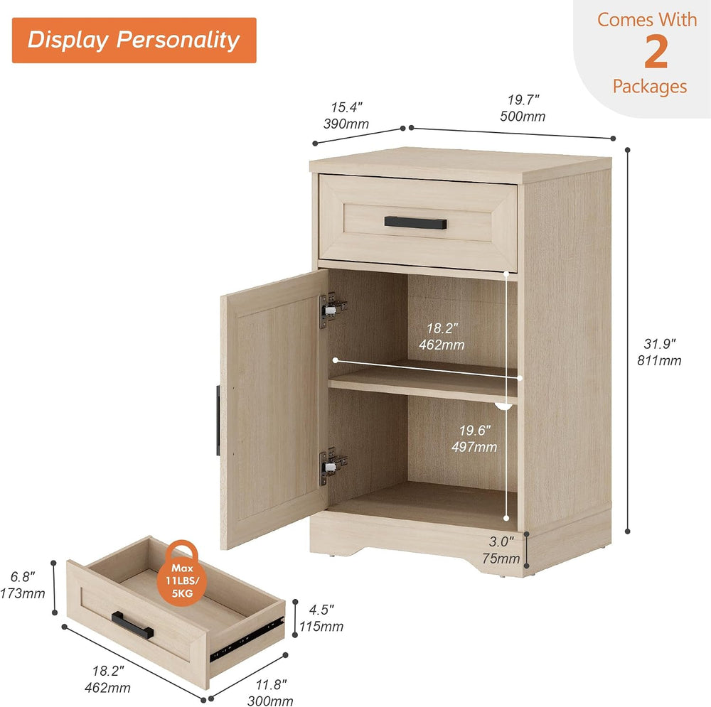 WAMPAT 32-Inch Tall Farmhouse End Table Set of 2 with Drawers and Adjustable ...
