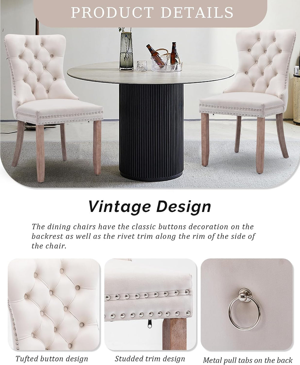 Velvet Dining Chairs Set of 2 Tufted Kitchen Chair Wood Legs,Beige | Mid Cent...