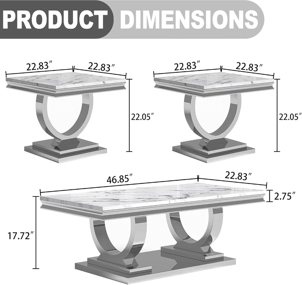 Marble Coffee Table Set of 3, Includes 1 Coffee Table with 2 Square End Side ...