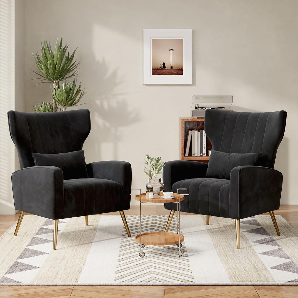 Nebuaegis Black Velvet Accent Chair Set of 2, Wingback Chair for Living Room,...