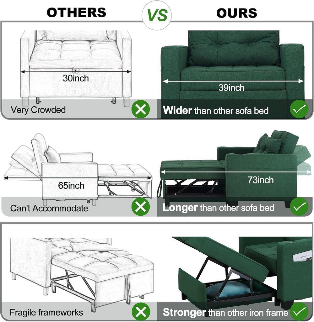 36" 3-in-1 Sleeper Chair, Convertible Pull Out Sofa Bed, Green Linen
