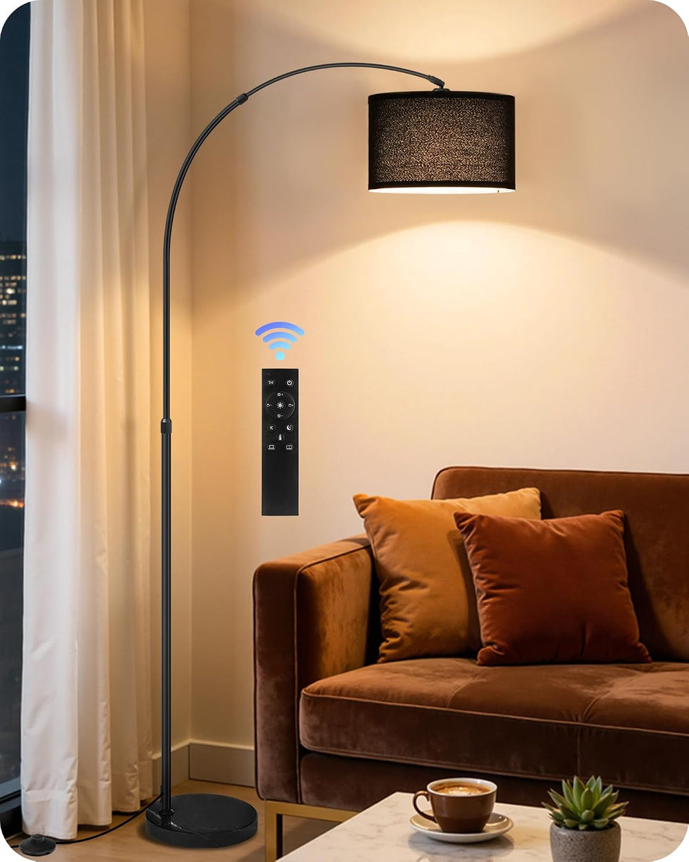 75" Dimmable Black Arc Floor Lamp with Marble Base and Adjustable Height