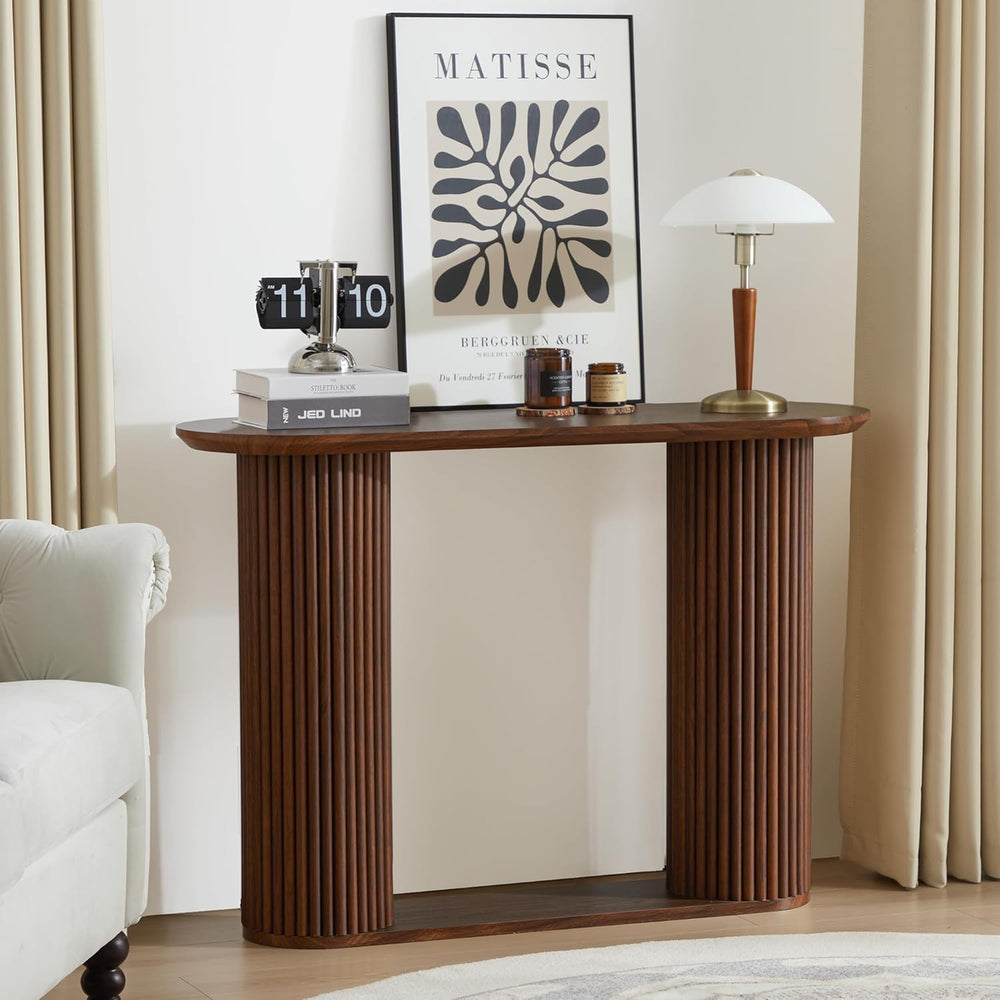 AVZEAR Fluted Entryway Console Table with Storage Shelf, Oval Curved Mid Cent...