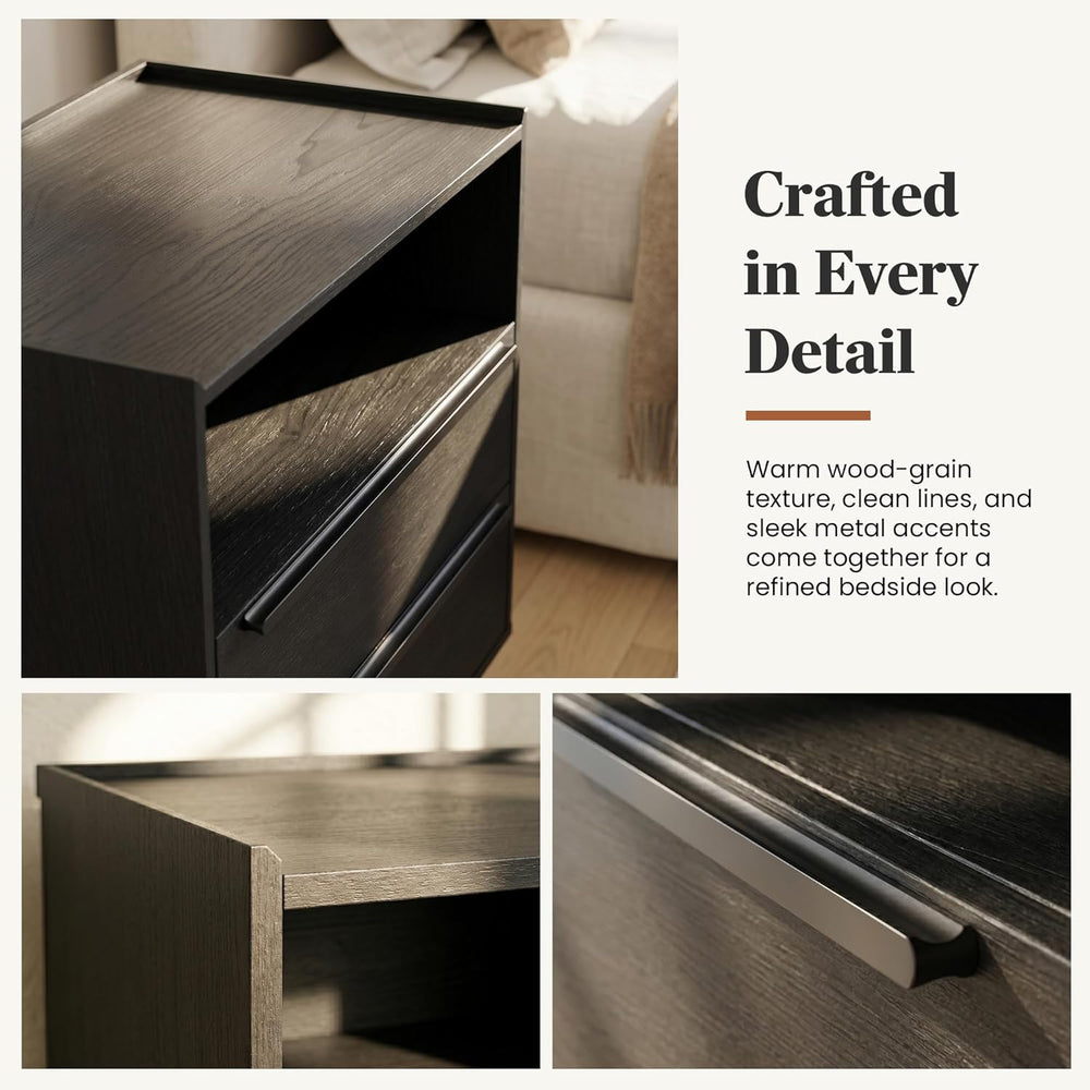 26 Inch Tall Black Oak Nightstands Set of 2 with Charging Station | Matching ...