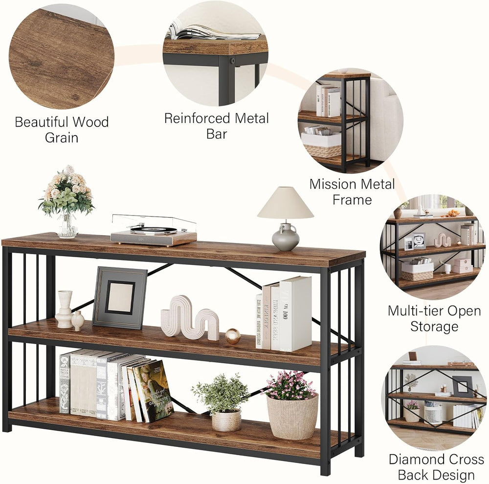 LVB Industrial Console Entryway Table, Metal Wood Rustic Brown, 55 in | Farmh...