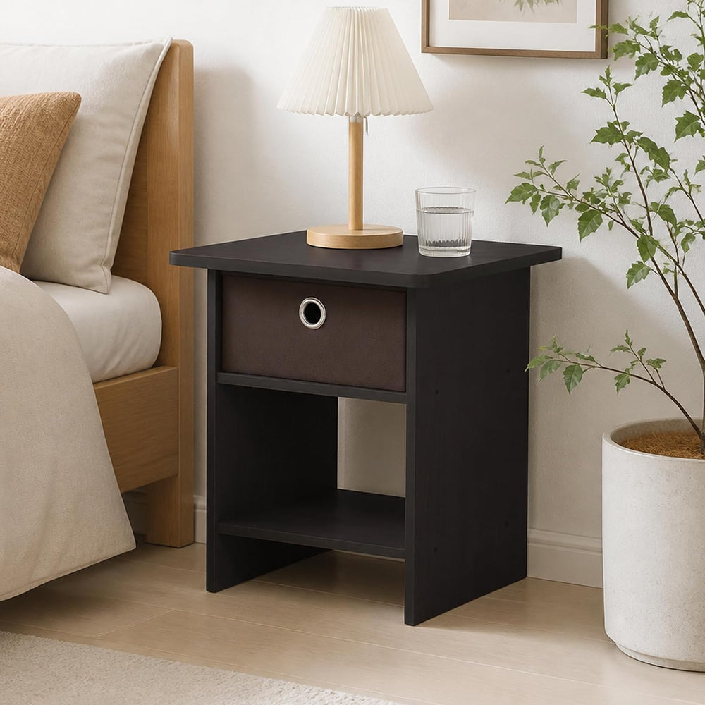 Square End Table with Storage Bin, Bedside Table with Open Back Shelf, Round ...