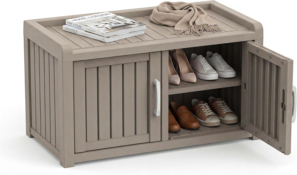 2-Tier Storage Bench, Waterproof UV-Resistant Outdoor Shoe Storage Cabinet, O...