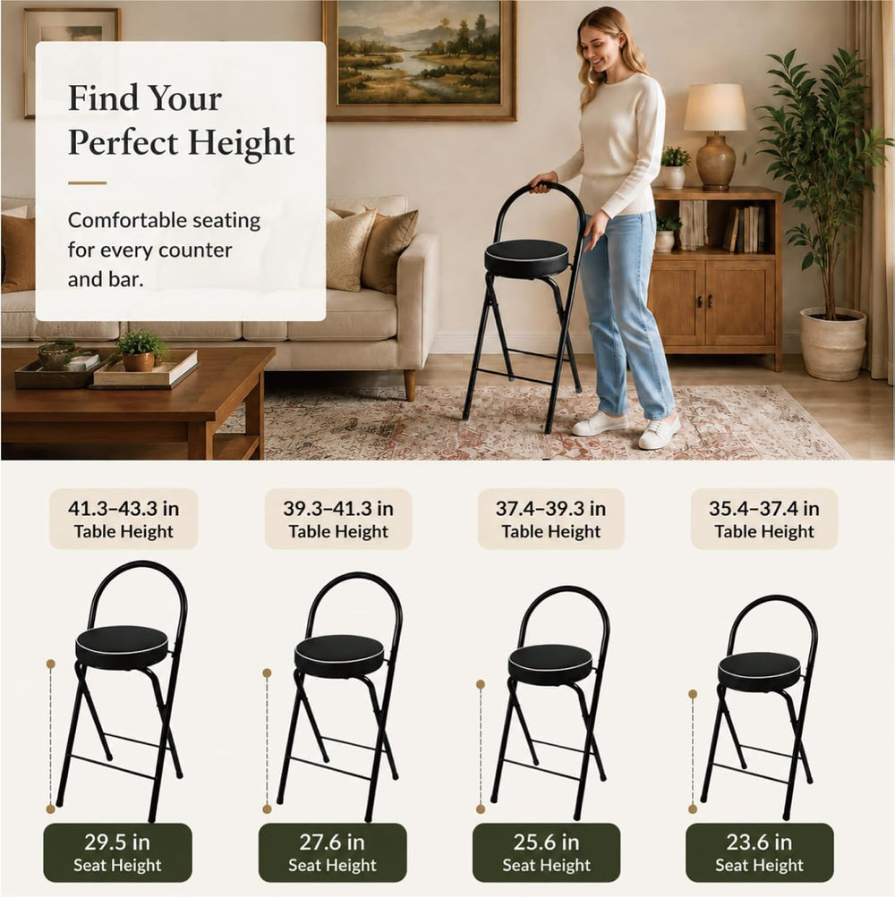 Folding Bar Stool with Backrest Counter Height Chair Padded Seat Cushion Spac...