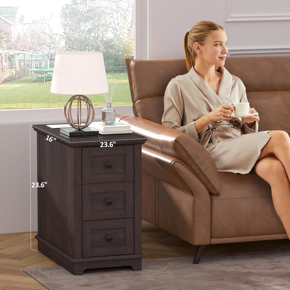 HIFYOBRO 3 Drawers End Table with Flip Top Charging Station, Narrow Side Tabl...