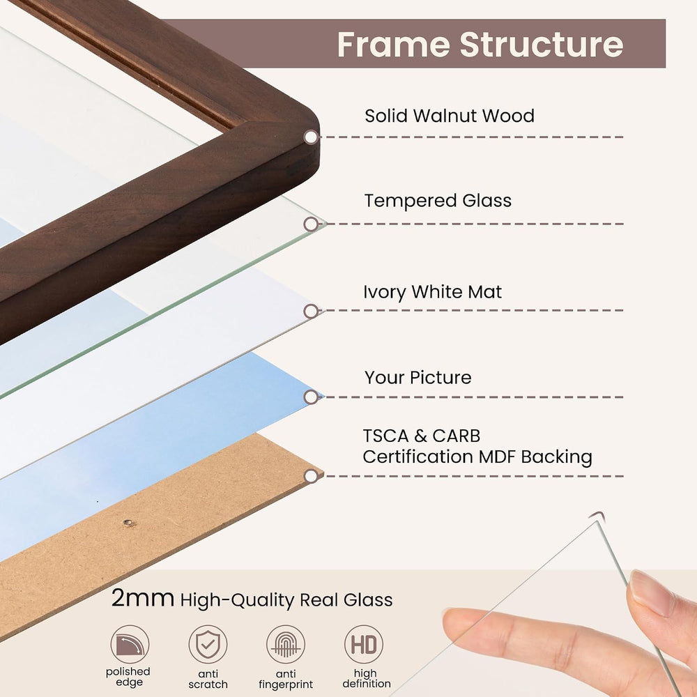 FLYJOE 11x14 Picture Frame - Solid Walnut Wood Frame With Mat For 8x10, 11x14...