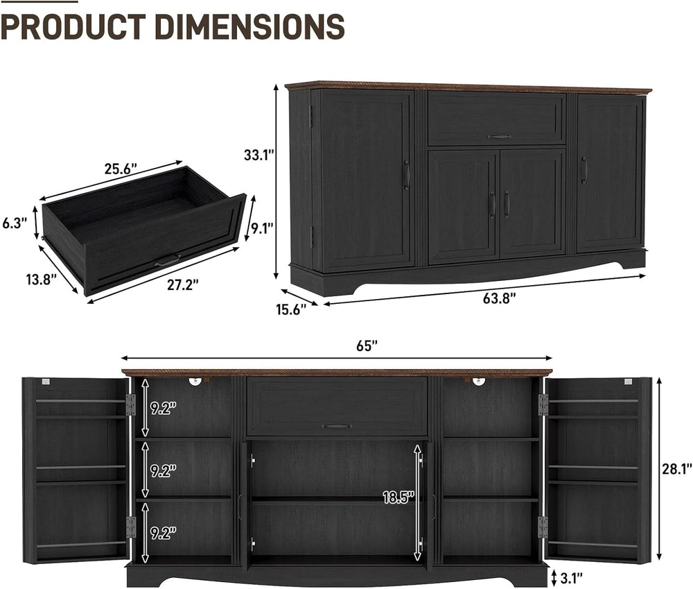 65" Sideboard Buffet Cabinet with Storage, Farmhouse Kitchen Pantries Si...