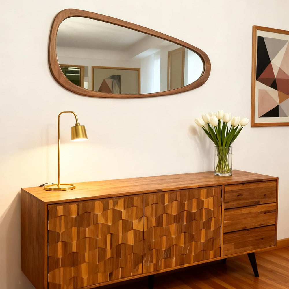22‘’x48'' Asymmetrical Mirror with Wood Frame, Small Irregular Wall O...