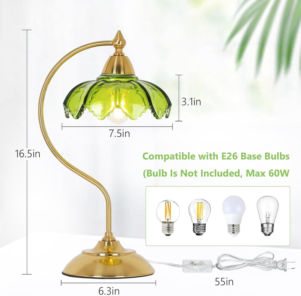 Glass Beside Table Lamp for Bedroom, Plug In Gold Desk Lamp, Vintage Flower N...