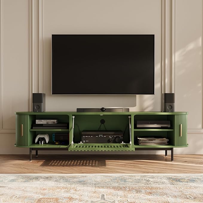 POVISON Fully-Assembled Modern Green TV Stand with Tambour Doors, Fluted TV M...