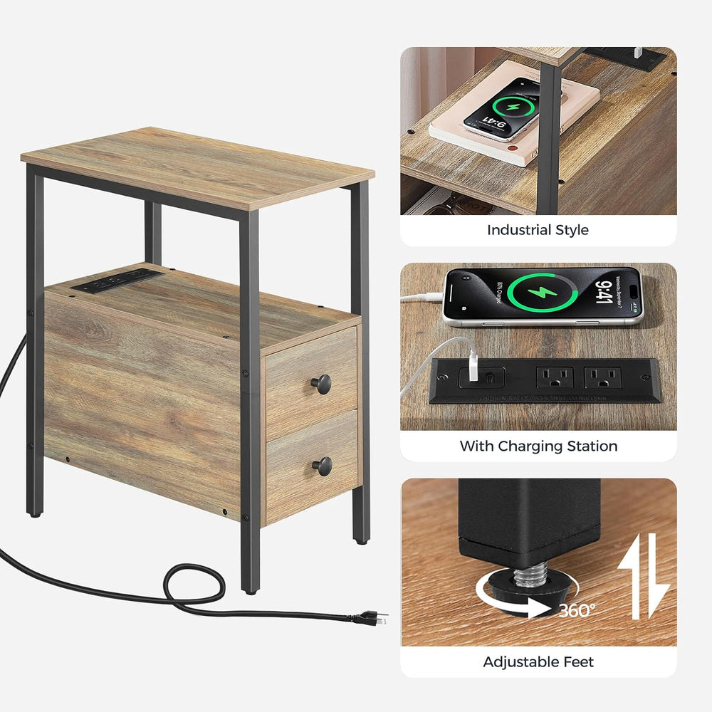 HOOBRO End Table with Charging Station, Narrow Side Table with 2 Drawer &...