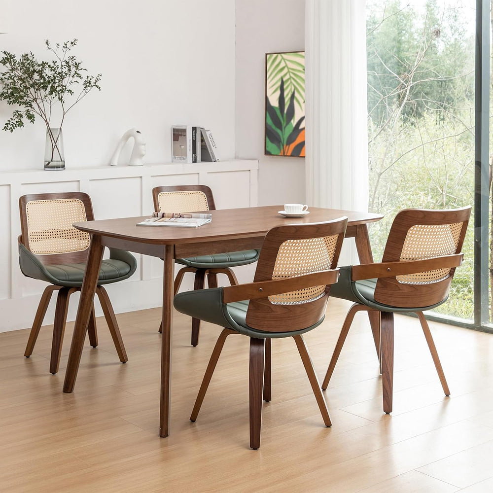 Set of 4 Green Rattan Dining Chairs - Mid Century Modern Dining Chairs with W...
