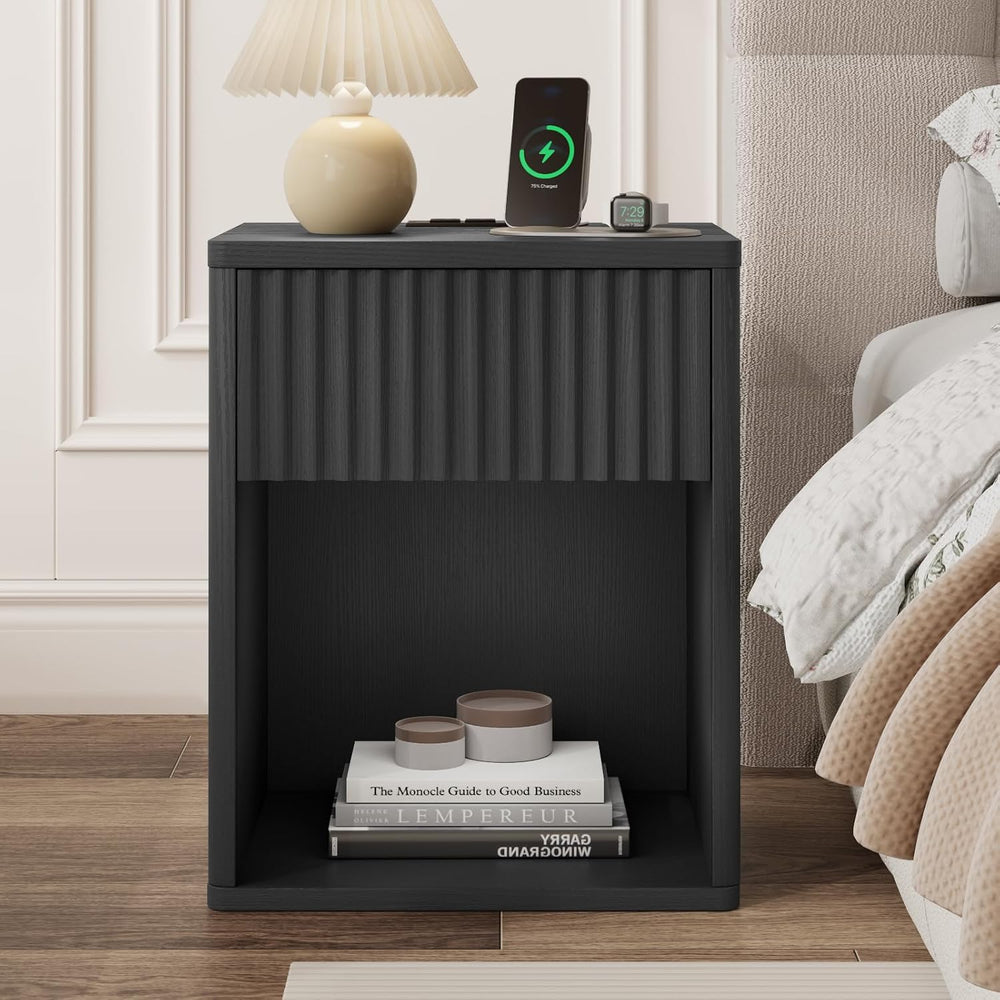 Fluted Black Nightstands Set of 2 w/Charging Station, Wooden End Table Bed Si...